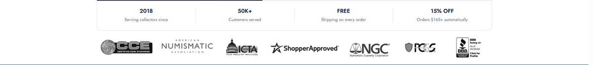 CCE, American Numismatic Association, ICTA, Shopper Approved, NGC, PCGS and BBB logos